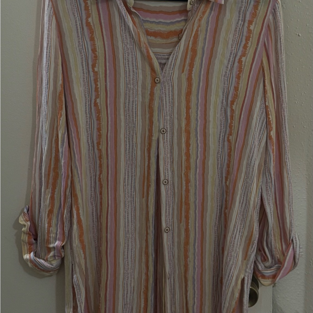 Mystree Striped Button-Down Shirt in Pink, Orange & Cream